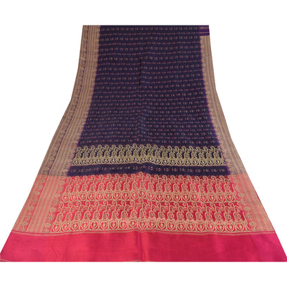 Sanskriti Vintage Blue Sarees Pure Satin Silk Woven Brocade Sari Craft Sustainable Fabric