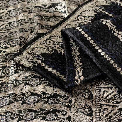 Sanskriti Vintage Sarees Black Banarasi Brocade ZariWoven Pure Satin Sari Fabric