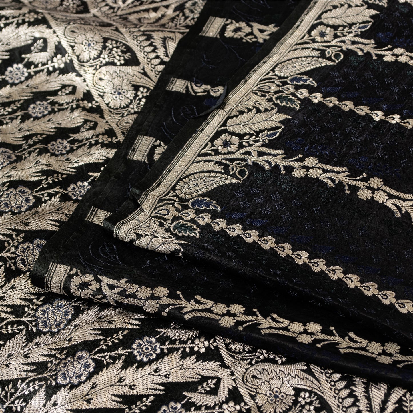 Sanskriti Vintage Sarees Black Banarasi Brocade ZariWoven Pure Satin Sari Fabric