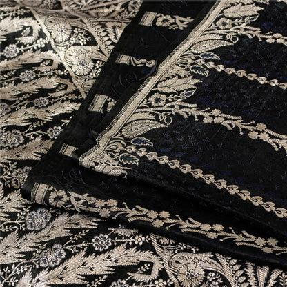 Sanskriti Vintage Sarees Black Banarasi Brocade ZariWoven Pure Satin Sari Fabric