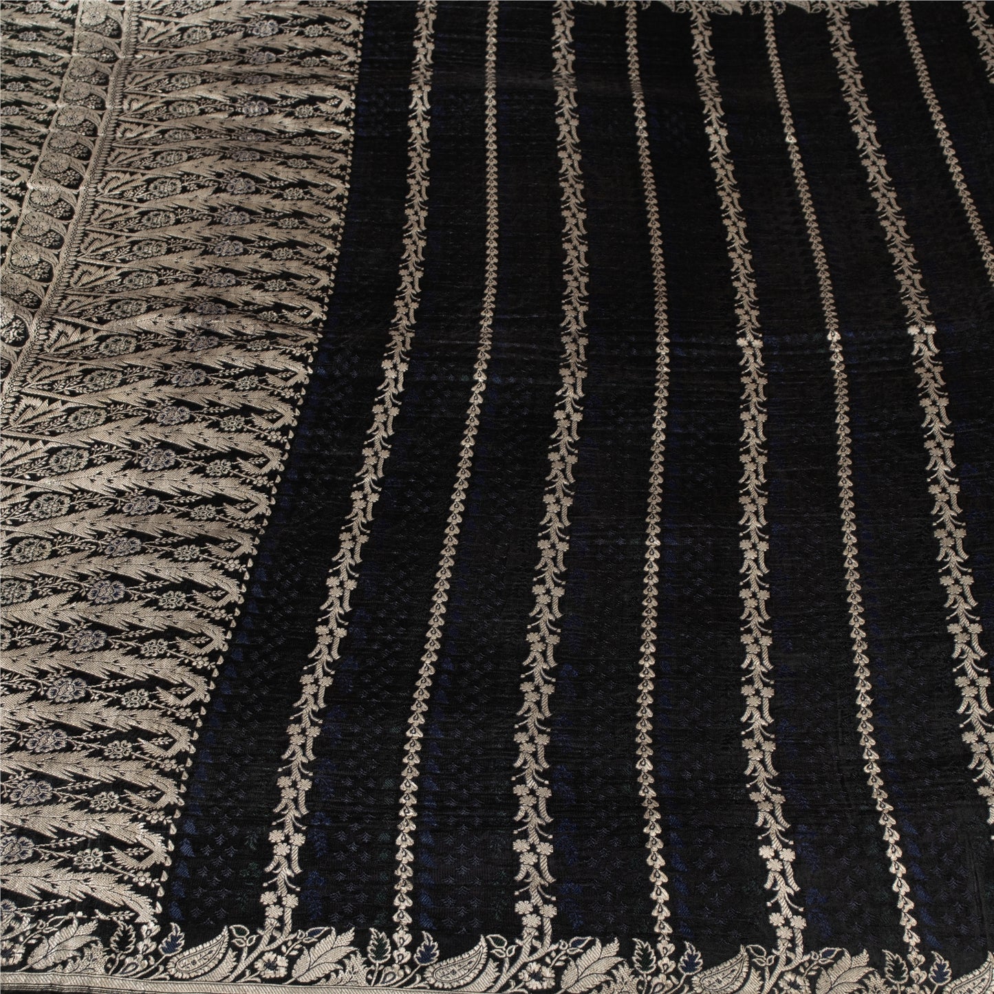 Sanskriti Vintage Sarees Black Banarasi Brocade ZariWoven Pure Satin Sari Fabric