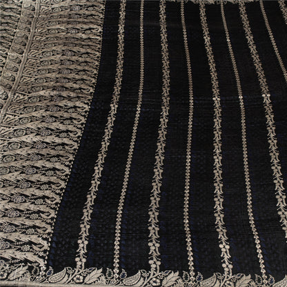 Sanskriti Vintage Sarees Black Banarasi Brocade ZariWoven Pure Satin Sari Fabric