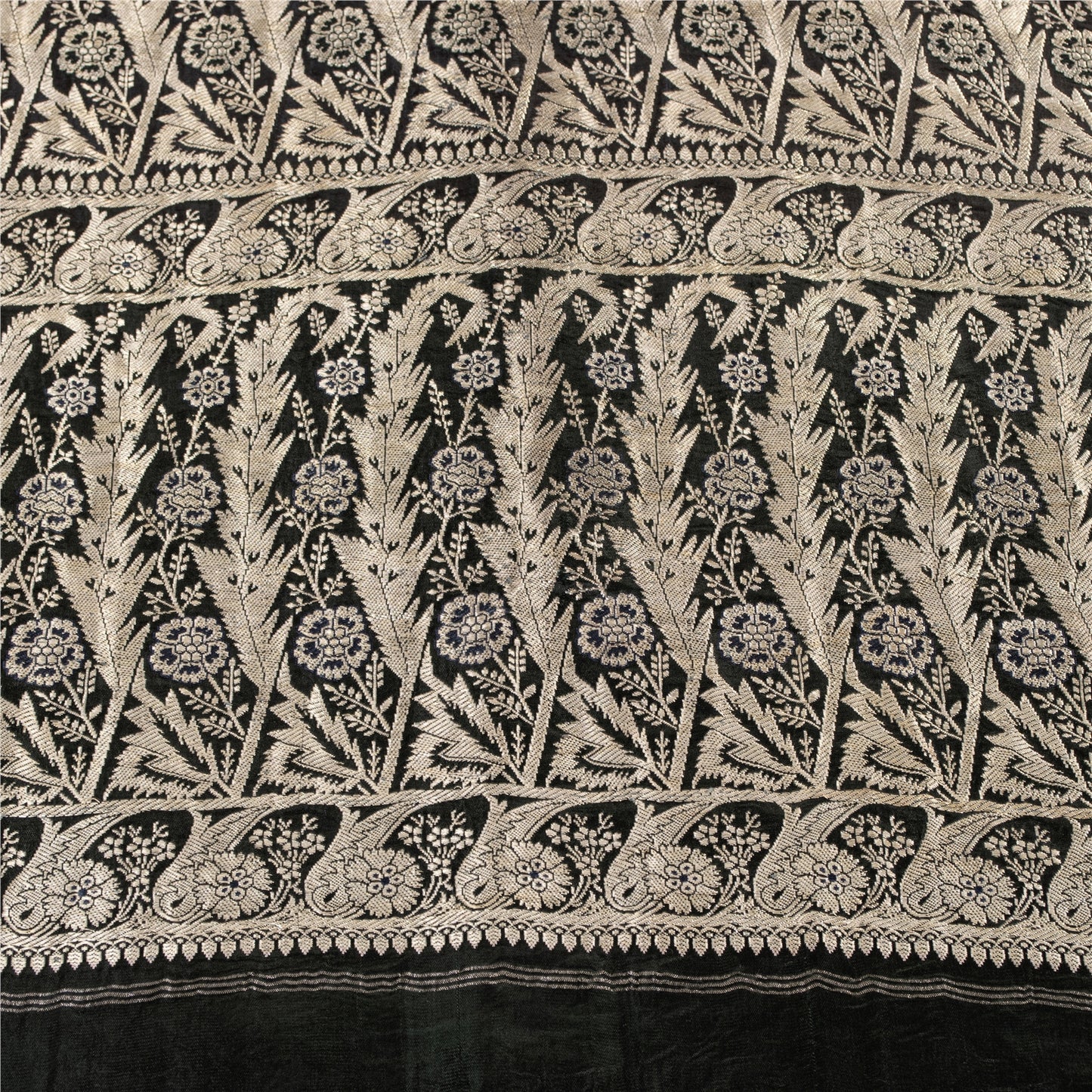 Sanskriti Vintage Sarees Black Banarasi Brocade ZariWoven Pure Satin Sari Fabric