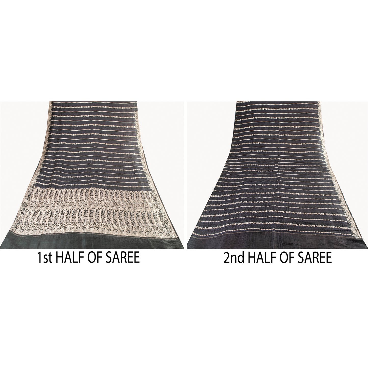 Sanskriti Vintage Sarees Black Banarasi Brocade ZariWoven Pure Satin Sari Fabric