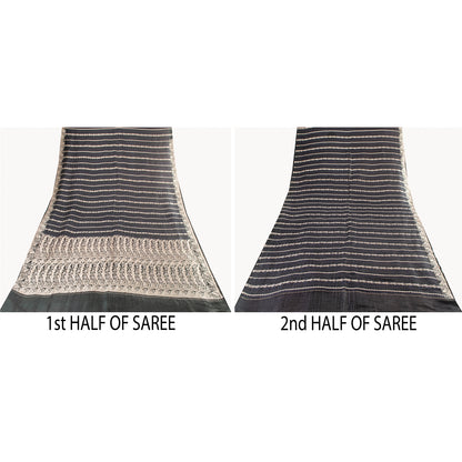 Sanskriti Vintage Sarees Black Banarasi Brocade ZariWoven Pure Satin Sari Fabric