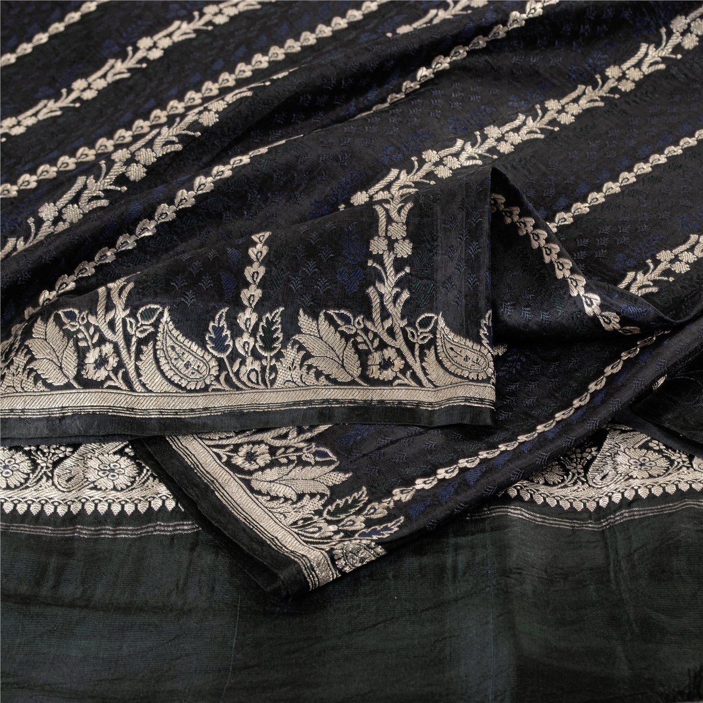 Sanskriti Vintage Sarees Black Banarasi Brocade ZariWoven Pure Satin Sari Fabric