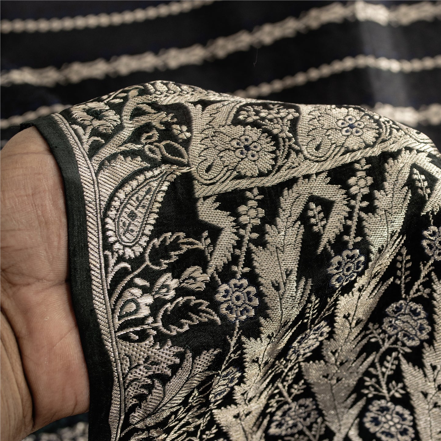 Sanskriti Vintage Sarees Black Banarasi Brocade ZariWoven Pure Satin Sari Fabric