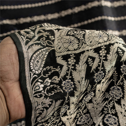 Sanskriti Vintage Sarees Black Banarasi Brocade ZariWoven Pure Satin Sari Fabric