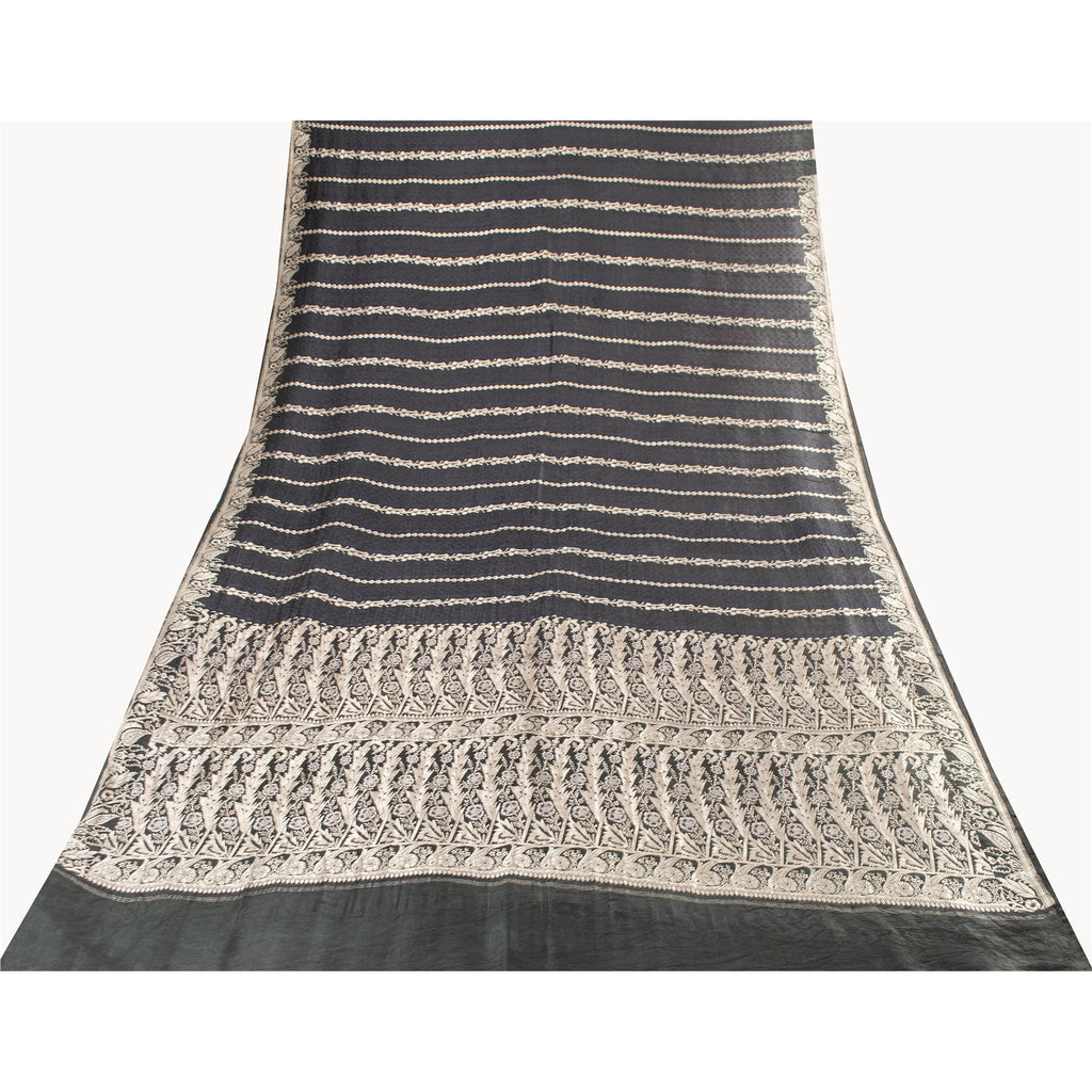 Sanskriti Vintage Sarees Black Banarasi Brocade ZariWoven Pure Satin Sari Fabric