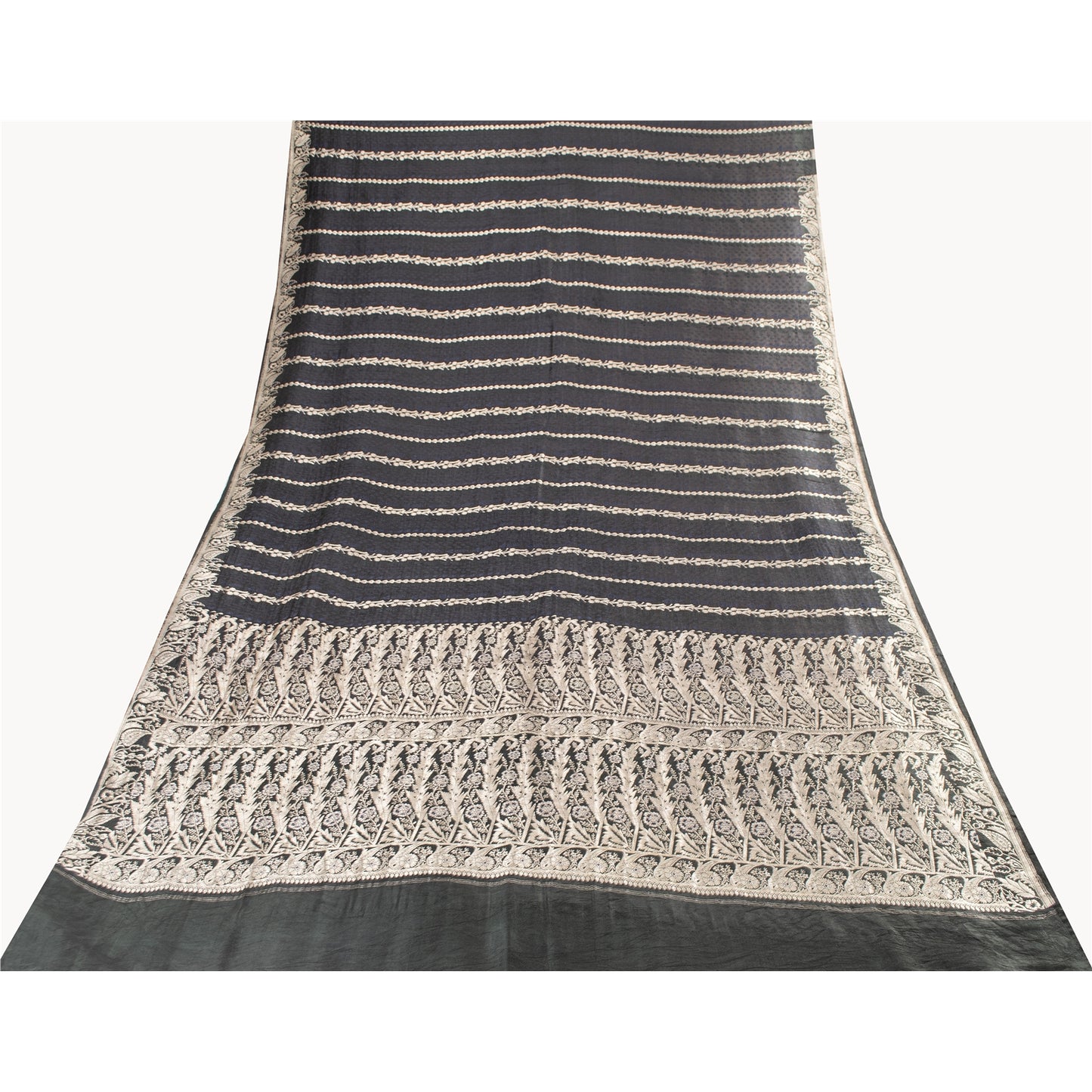 Sanskriti Vintage Sarees Black Banarasi Brocade ZariWoven Pure Satin Sari Fabric