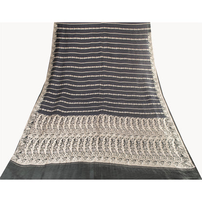 Sanskriti Vintage Sarees Black Banarasi Brocade ZariWoven Pure Satin Sari Fabric