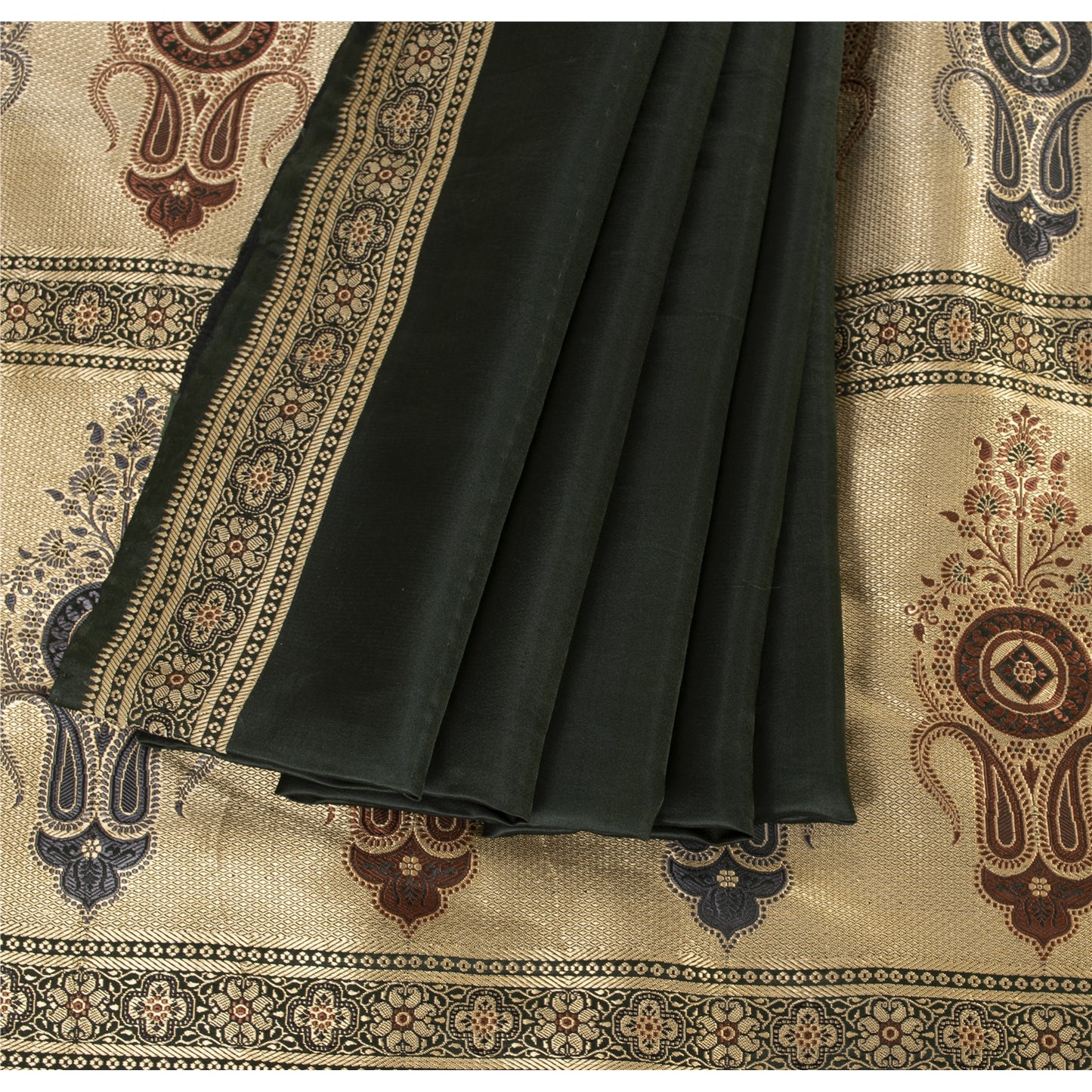 Sanskriti Vintage Sarees Black Banarasi Brocade Woven Pure Satin Sari 5+ydFabric