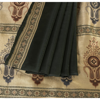 Sanskriti Vintage Sarees Black Banarasi Brocade Woven Pure Satin Sari 5+ydFabric