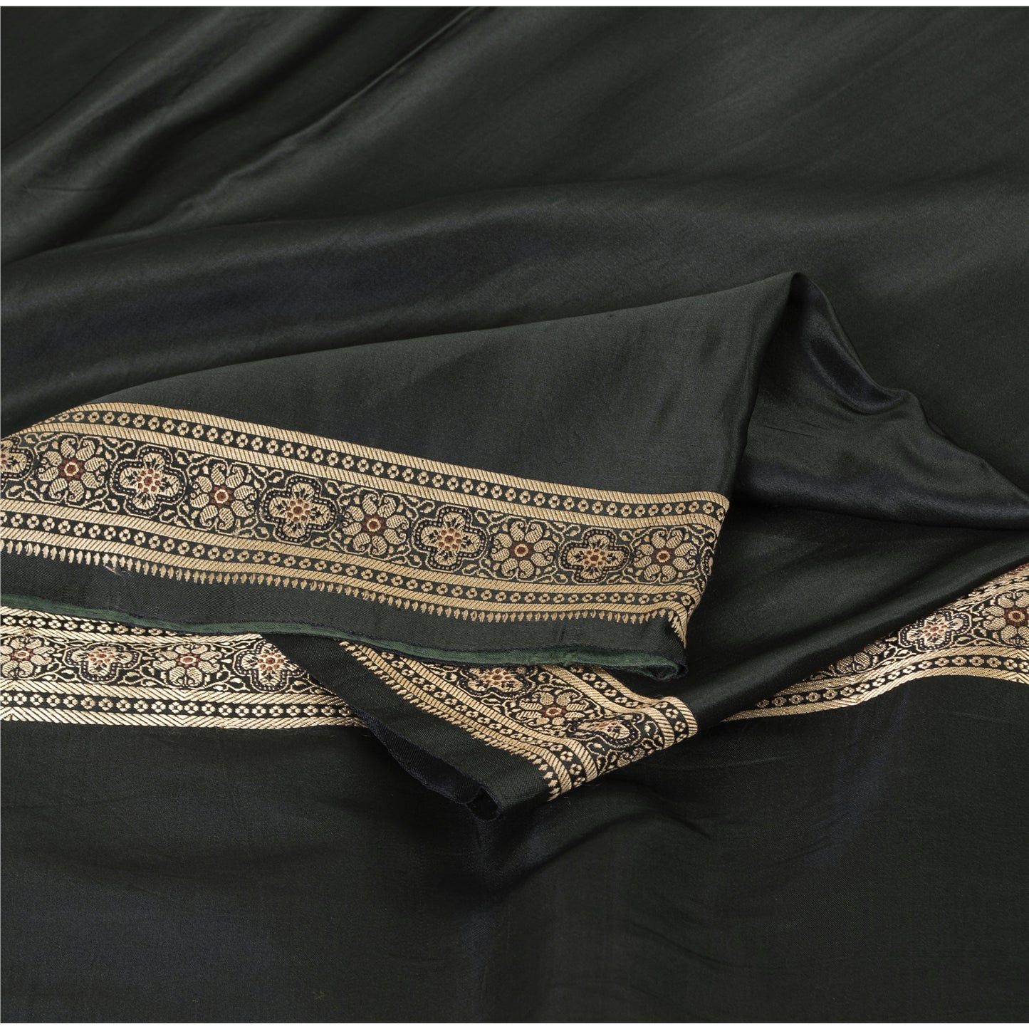 Sanskriti Vintage Sarees Black Banarasi Brocade Woven Pure Satin Sari 5+ydFabric