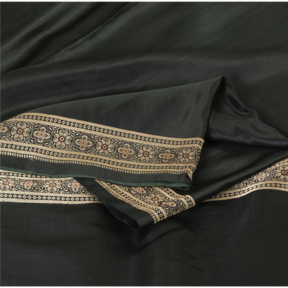 Sanskriti Vintage Sarees Black Banarasi Brocade Woven Pure Satin Sari 5+ydFabric
