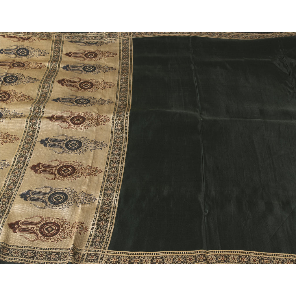 Sanskriti Vintage Sarees Black Banarasi Brocade Woven Pure Satin Sari 5+ydFabric
