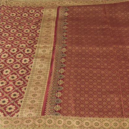 Sanskriti Vintage Sarees Red Banarasi Brocade Woven Pure Satin Sari 5+Yd Fabric