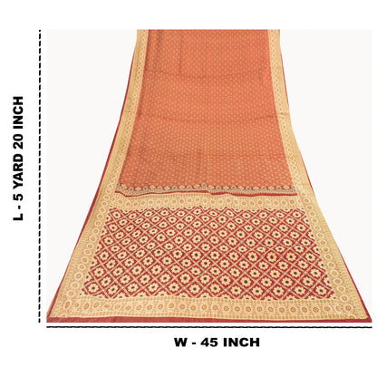 Sanskriti Vintage Sarees Red Banarasi Brocade Woven Pure Satin Sari 5+Yd Fabric