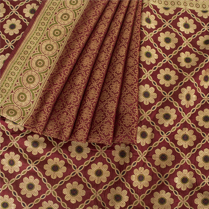 Sanskriti Vintage Sarees Red Banarasi Brocade Woven Pure Satin Sari 5+Yd Fabric