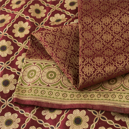Sanskriti Vintage Sarees Red Banarasi Brocade Woven Pure Satin Sari 5+Yd Fabric