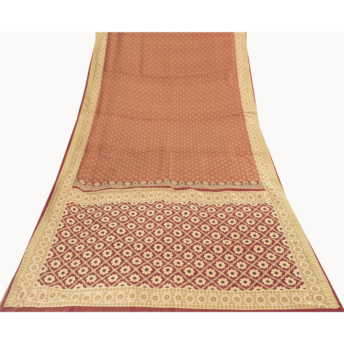 Sanskriti Vintage Sarees Red Banarasi Brocade Woven Pure Satin Sari 5+Yd Fabric