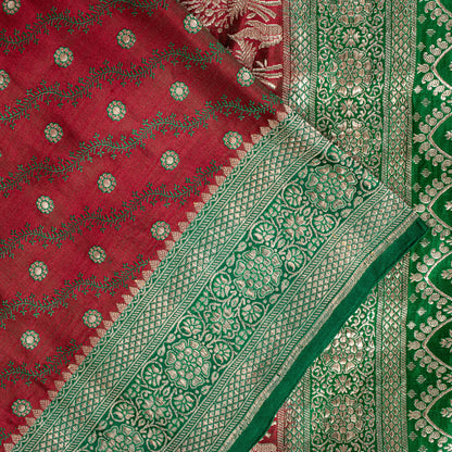 Sanskriti Vintage Soft Red Pure Silk Saree Banarasi Brocade Zari Hand-Woven 5+YD