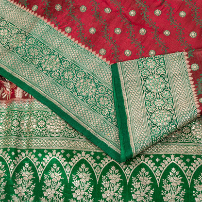 Sanskriti Vintage Soft Red Pure Silk Saree Banarasi Brocade Zari Hand-Woven 5+YD