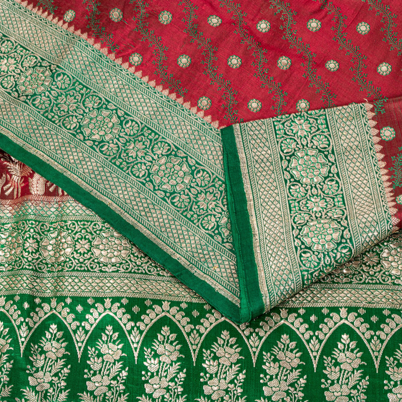 Sanskriti Vintage Soft Red Pure Silk Saree Banarasi Brocade Zari Hand-Woven 5+YD
