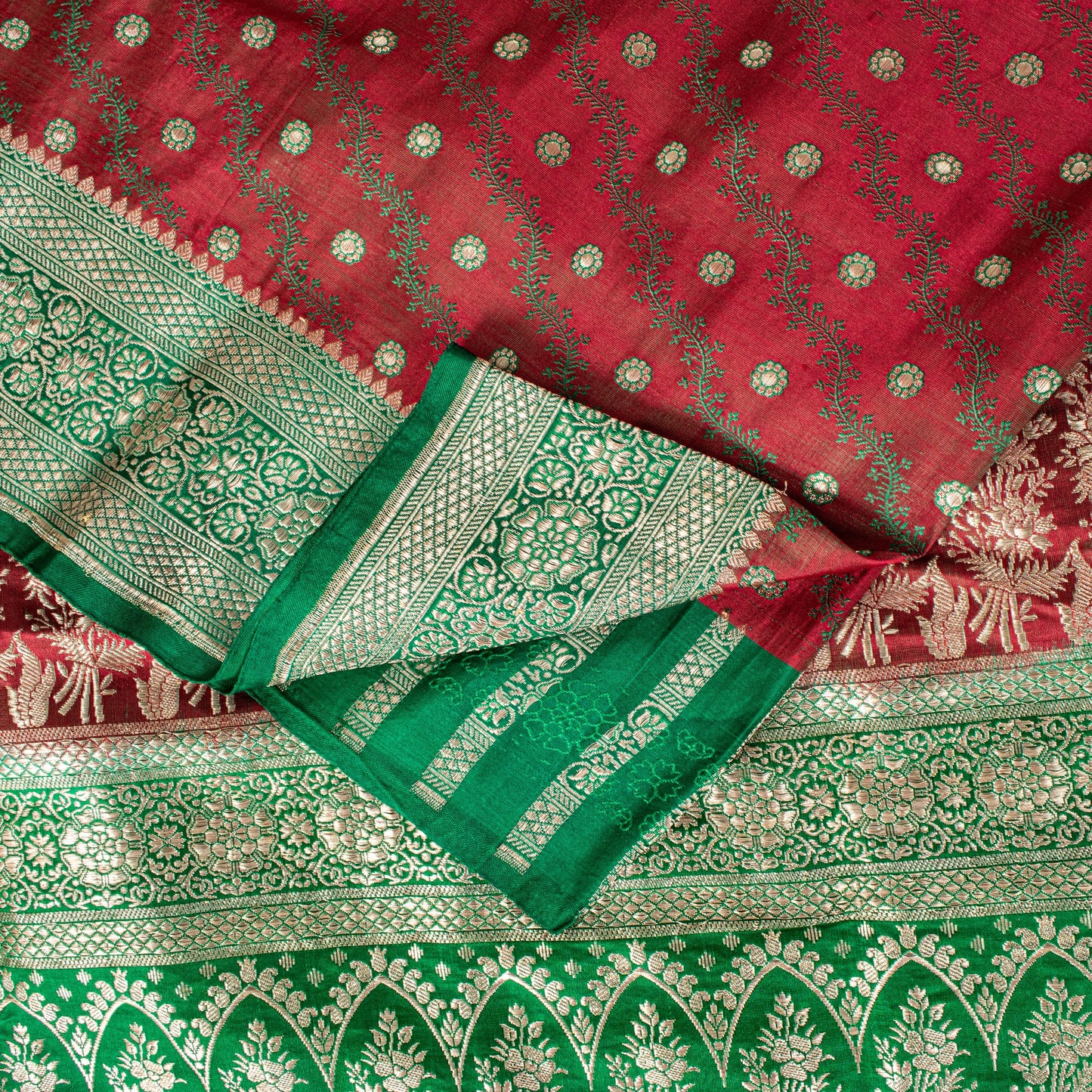 Sanskriti Vintage Soft Red Pure Silk Saree Banarasi Brocade Zari Hand-Woven 5+YD
