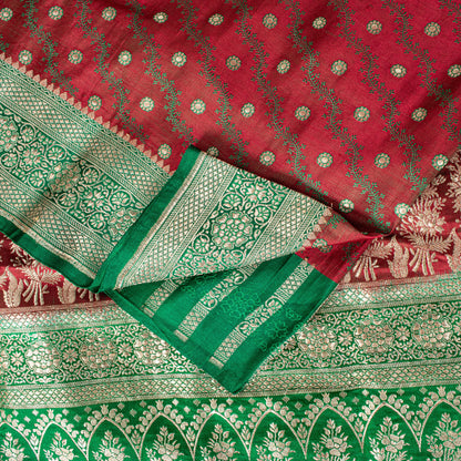 Sanskriti Vintage Soft Red Pure Silk Saree Banarasi Brocade Zari Hand-Woven 5+YD