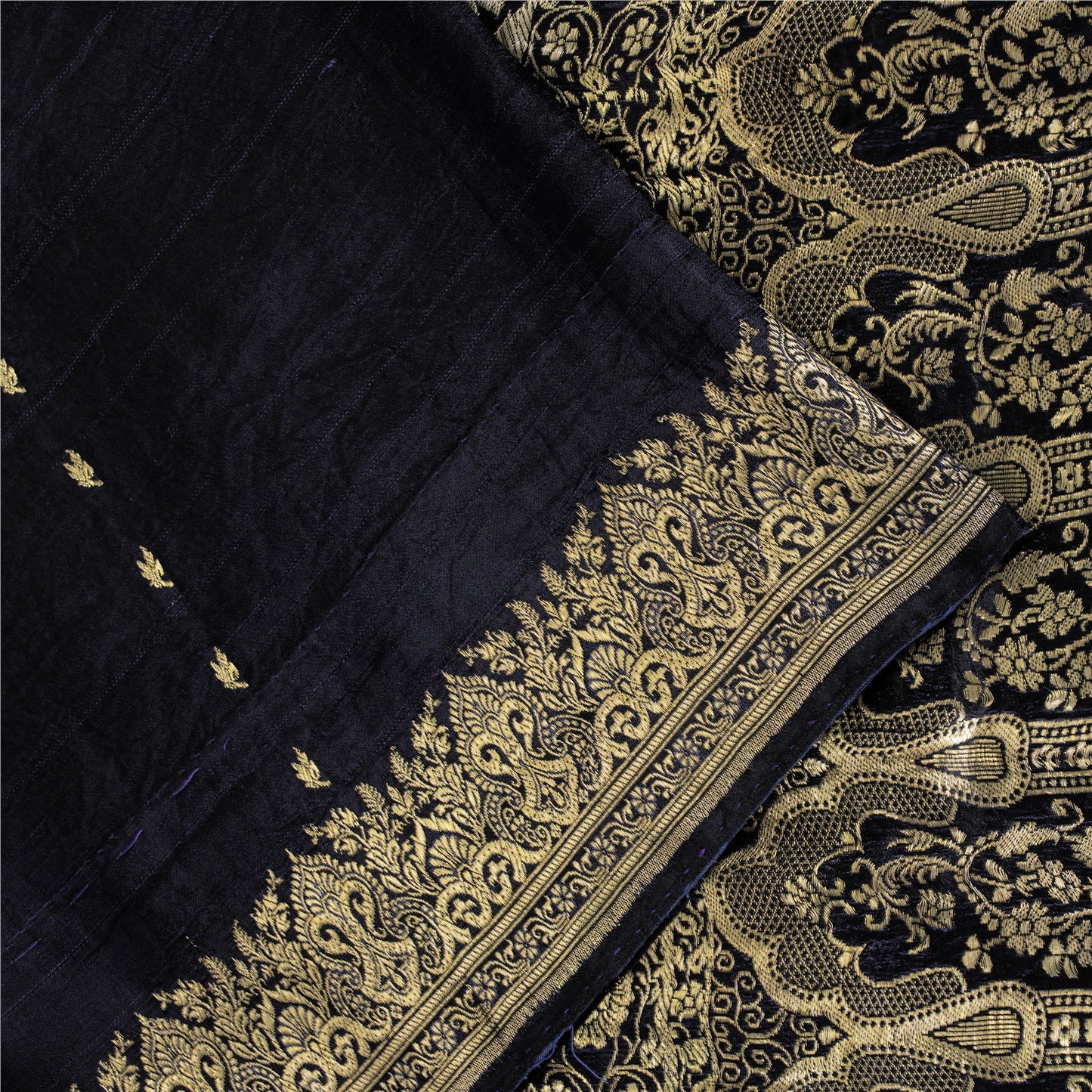 Sanskriti Vintage Black Pure Satin Sarees Banarasi Brocade Zari Woven 5 YD Sari