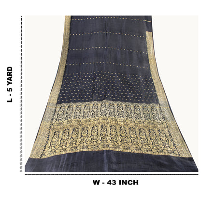 Sanskriti Vintage Black Pure Satin Sarees Banarasi Brocade Zari Woven 5 YD Sari