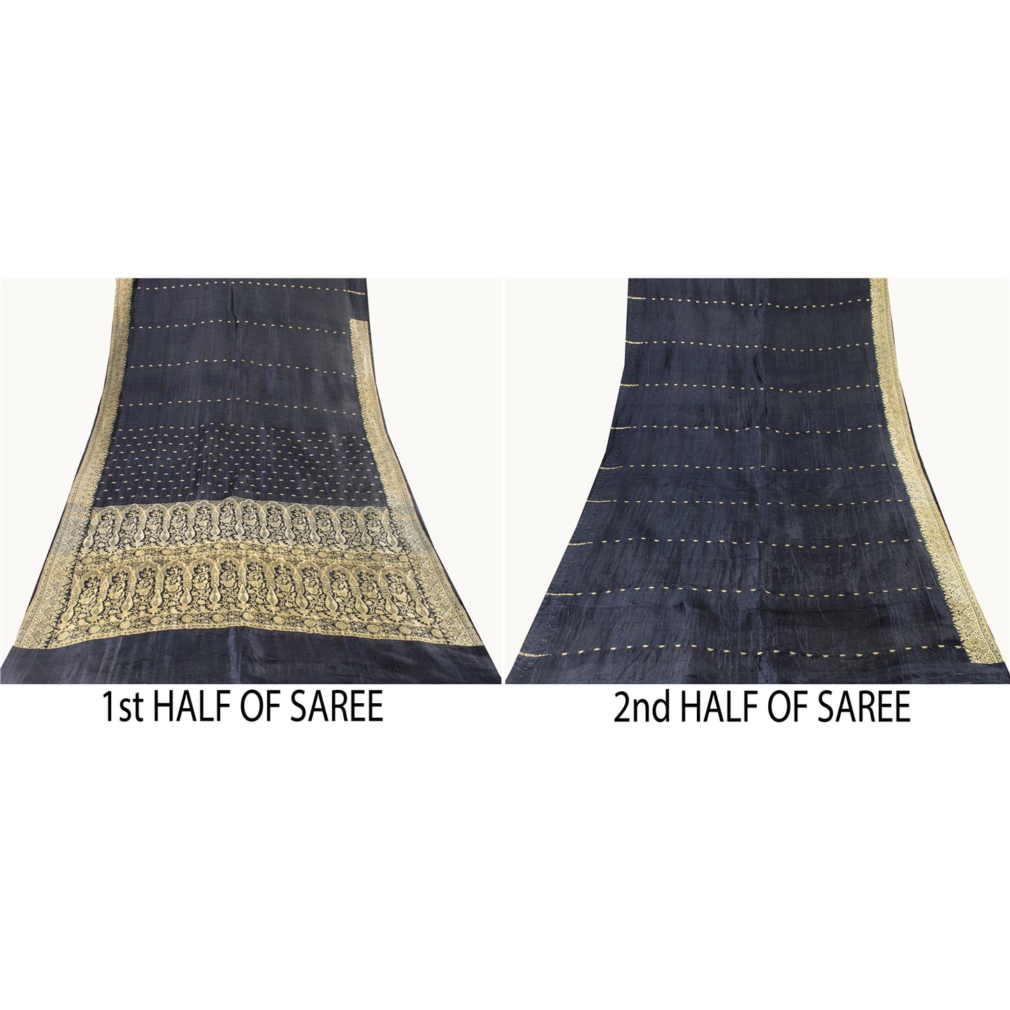 Sanskriti Vintage Black Pure Satin Sarees Banarasi Brocade Zari Woven 5 YD Sari