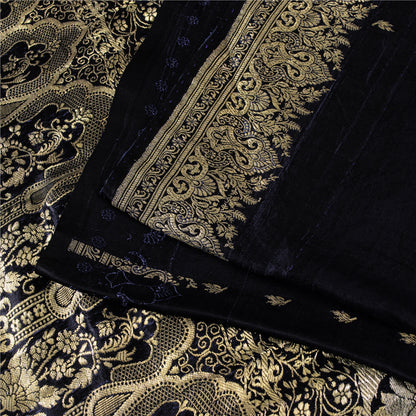 Sanskriti Vintage Black Pure Satin Sarees Banarasi Brocade Zari Woven 5 YD Sari