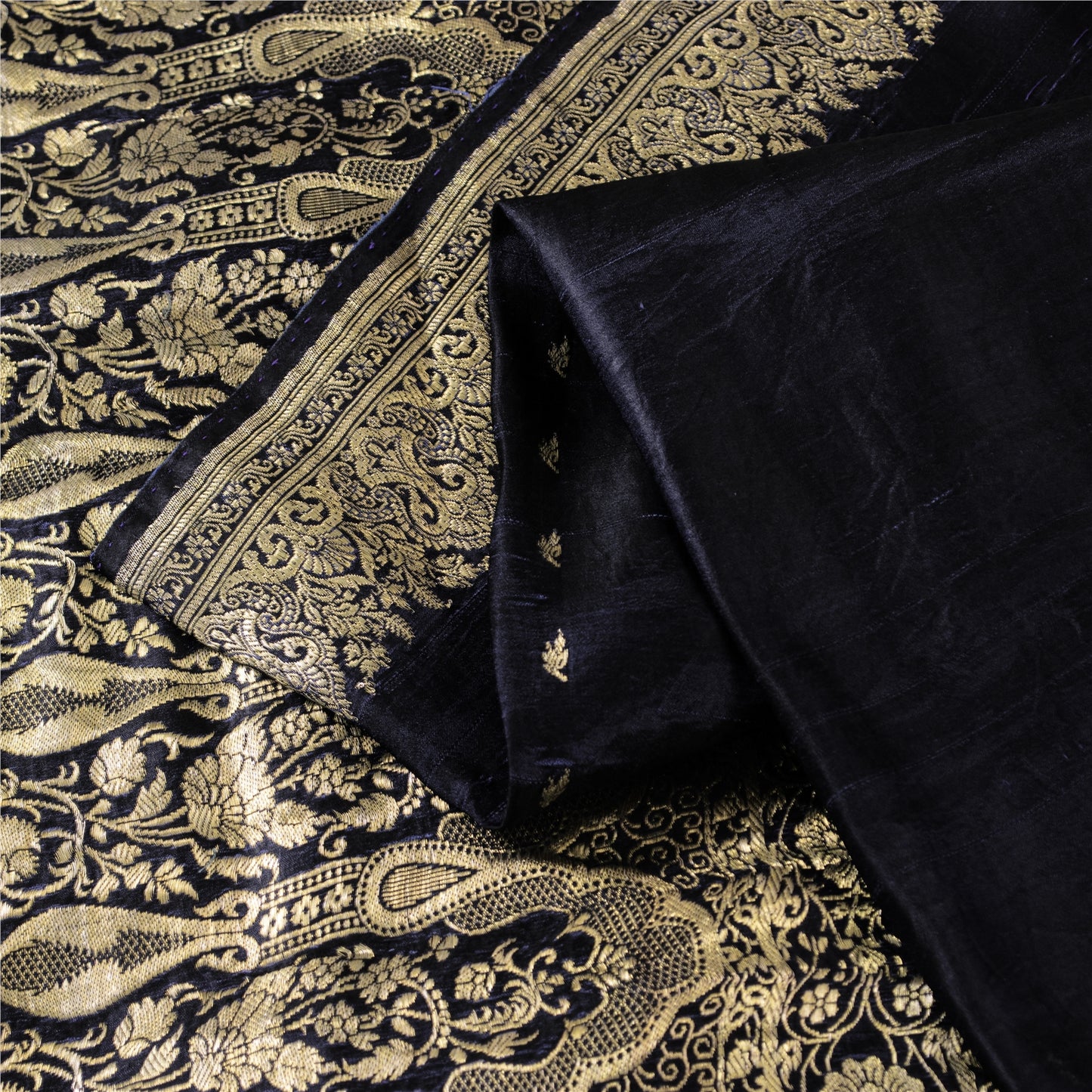 Sanskriti Vintage Black Pure Satin Sarees Banarasi Brocade Zari Woven 5 YD Sari