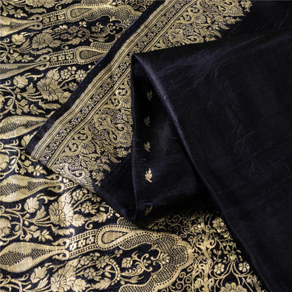 Sanskriti Vintage Black Pure Satin Sarees Banarasi Brocade Zari Woven 5 YD Sari