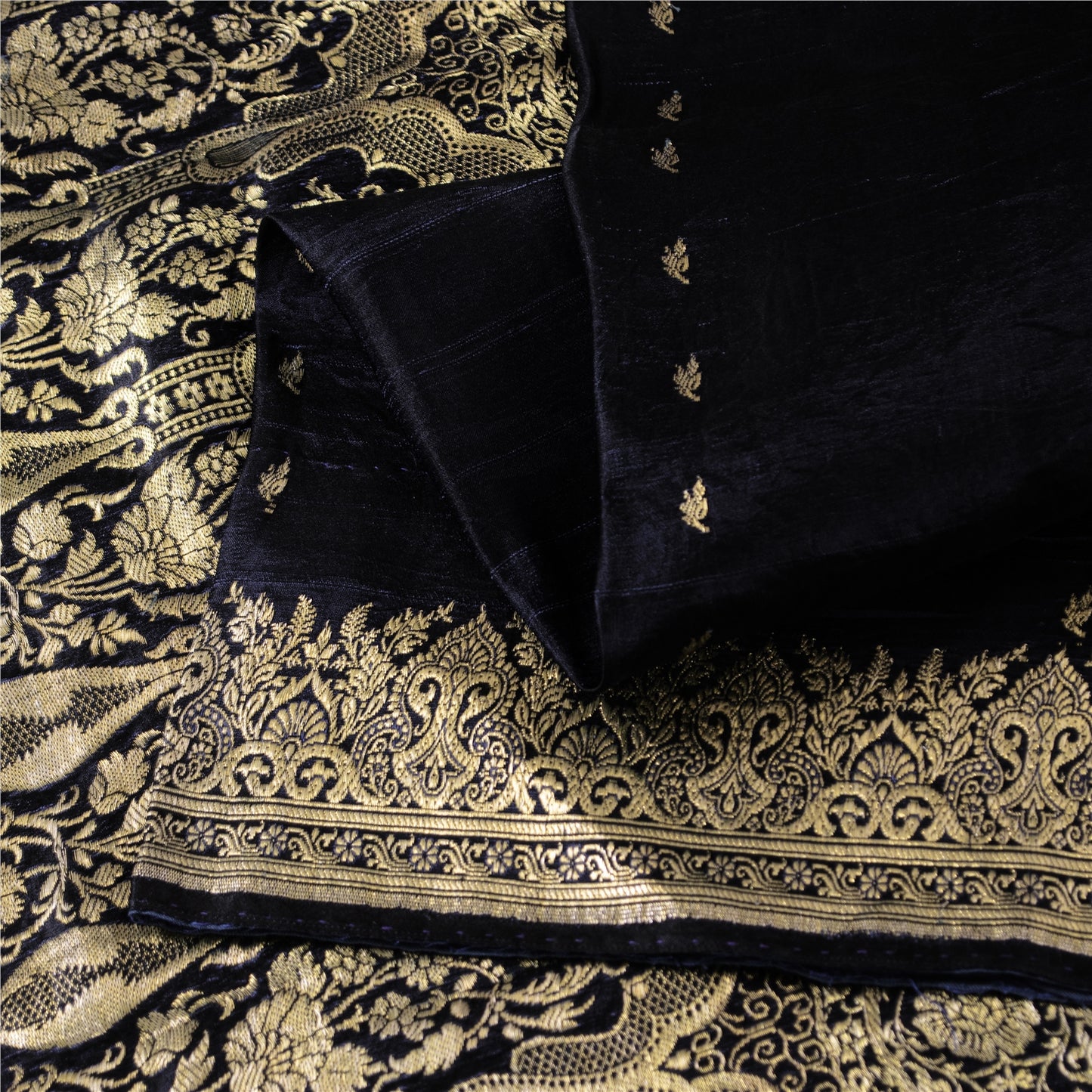 Sanskriti Vintage Black Pure Satin Sarees Banarasi Brocade Zari Woven 5 YD Sari