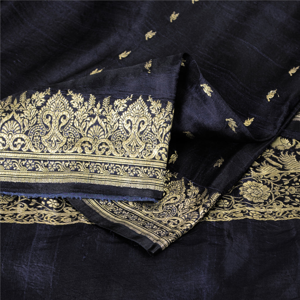 Sanskriti Vintage Black Pure Satin Sarees Banarasi Brocade Zari Woven 5 YD Sari