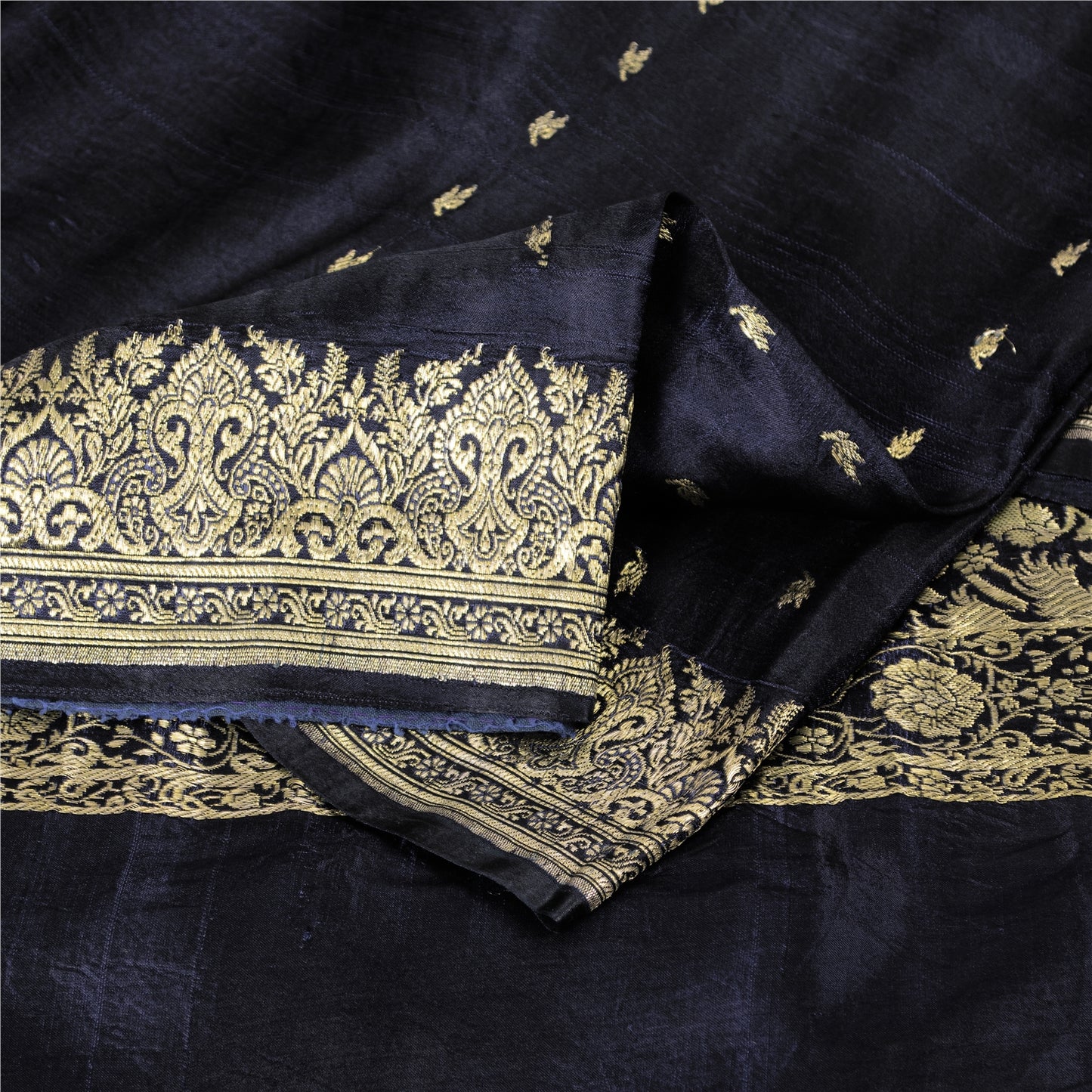 Sanskriti Vintage Black Pure Satin Sarees Banarasi Brocade Zari Woven 5 YD Sari