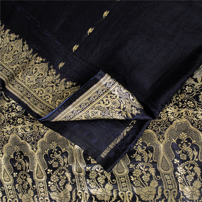 Sanskriti Vintage Black Pure Satin Sarees Banarasi Brocade Zari Woven 5 YD Sari