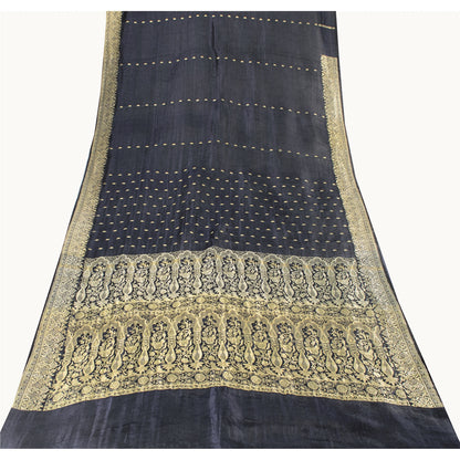 Sanskriti Vintage Black Pure Satin Sarees Banarasi Brocade Zari Woven 5 YD Sari