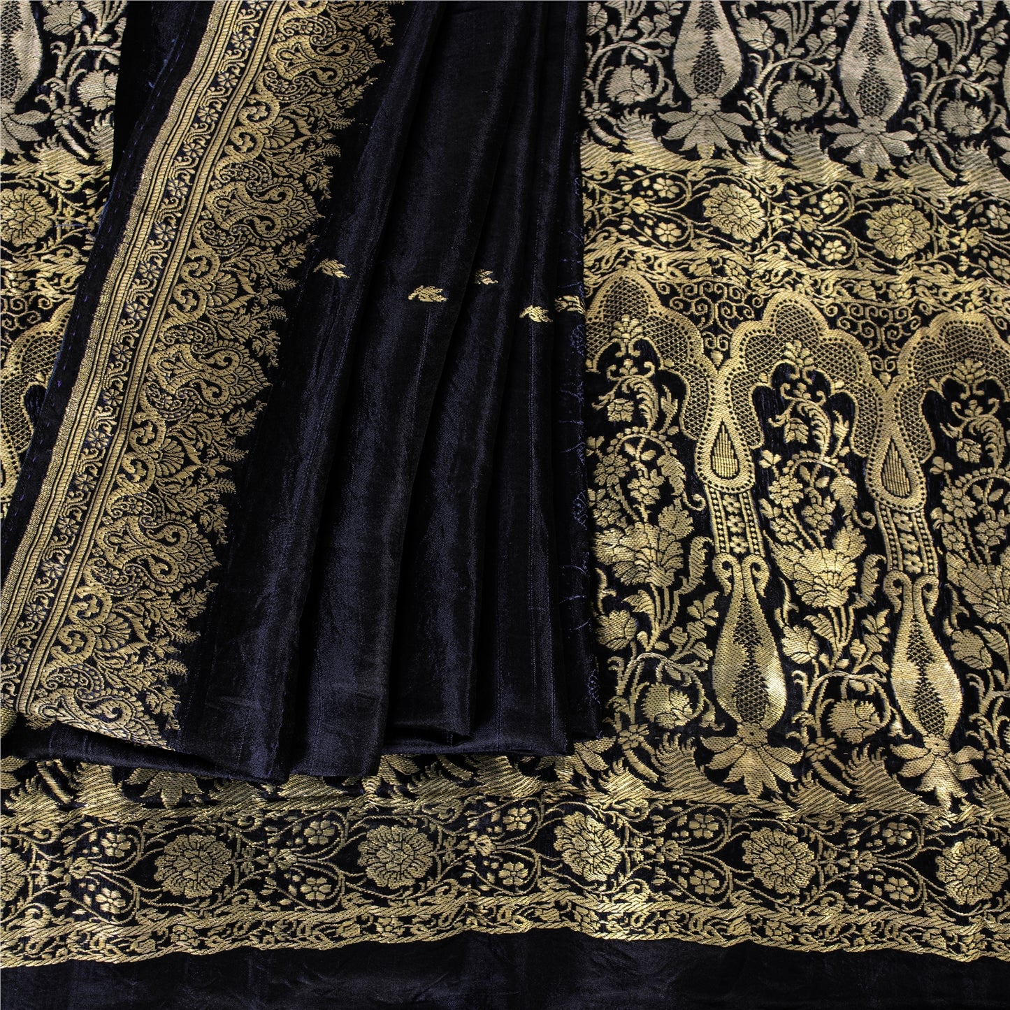 Sanskriti Vintage Black Pure Satin Sarees Banarasi Brocade Zari Woven 5 YD Sari