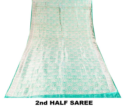 Sanskriti Vintage Green Pure Satin Saree Banarasi Brocade Tanchoi Handwoven Sari