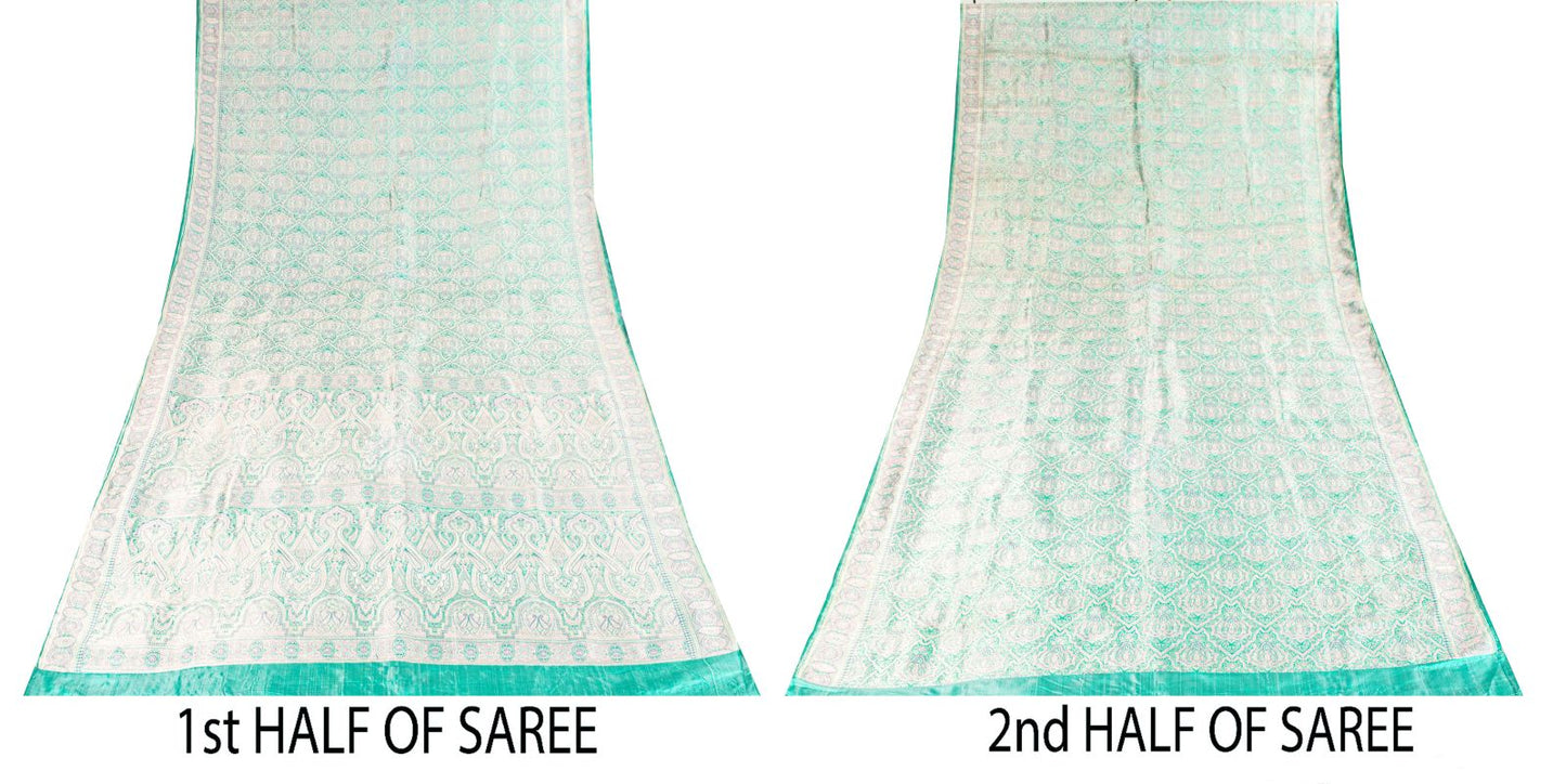 Sanskriti Vintage Green Pure Satin Saree Banarasi Brocade Tanchoi Handwoven Sari