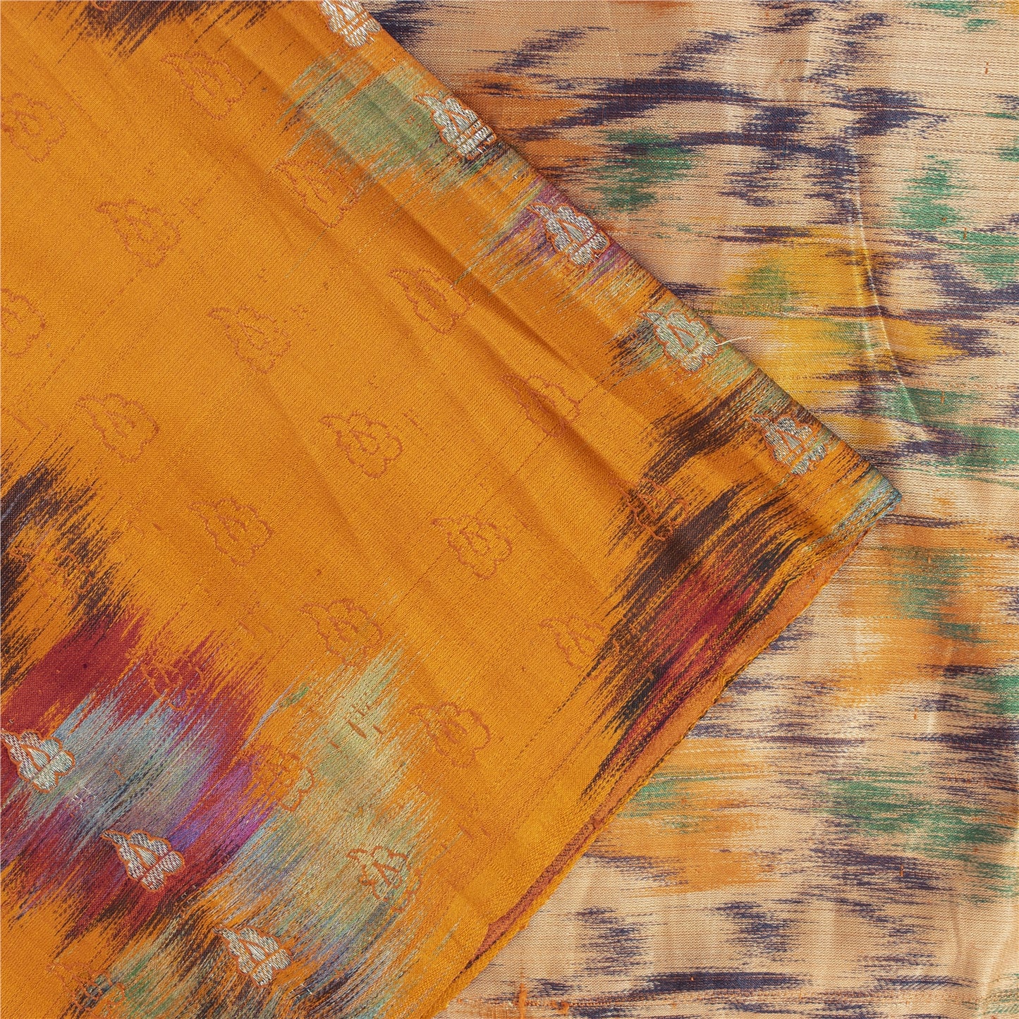 Sanskriti Vintage Sarees Ivory Brocade Zari & Ikat Woven Pure Silk Sari Fabric