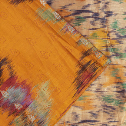 Sanskriti Vintage Sarees Ivory Brocade Zari & Ikat Woven Pure Silk Sari Fabric