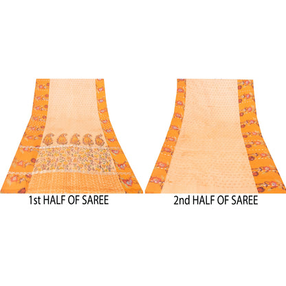 Sanskriti Vintage Sarees Ivory Brocade Zari & Ikat Woven Pure Silk Sari Fabric