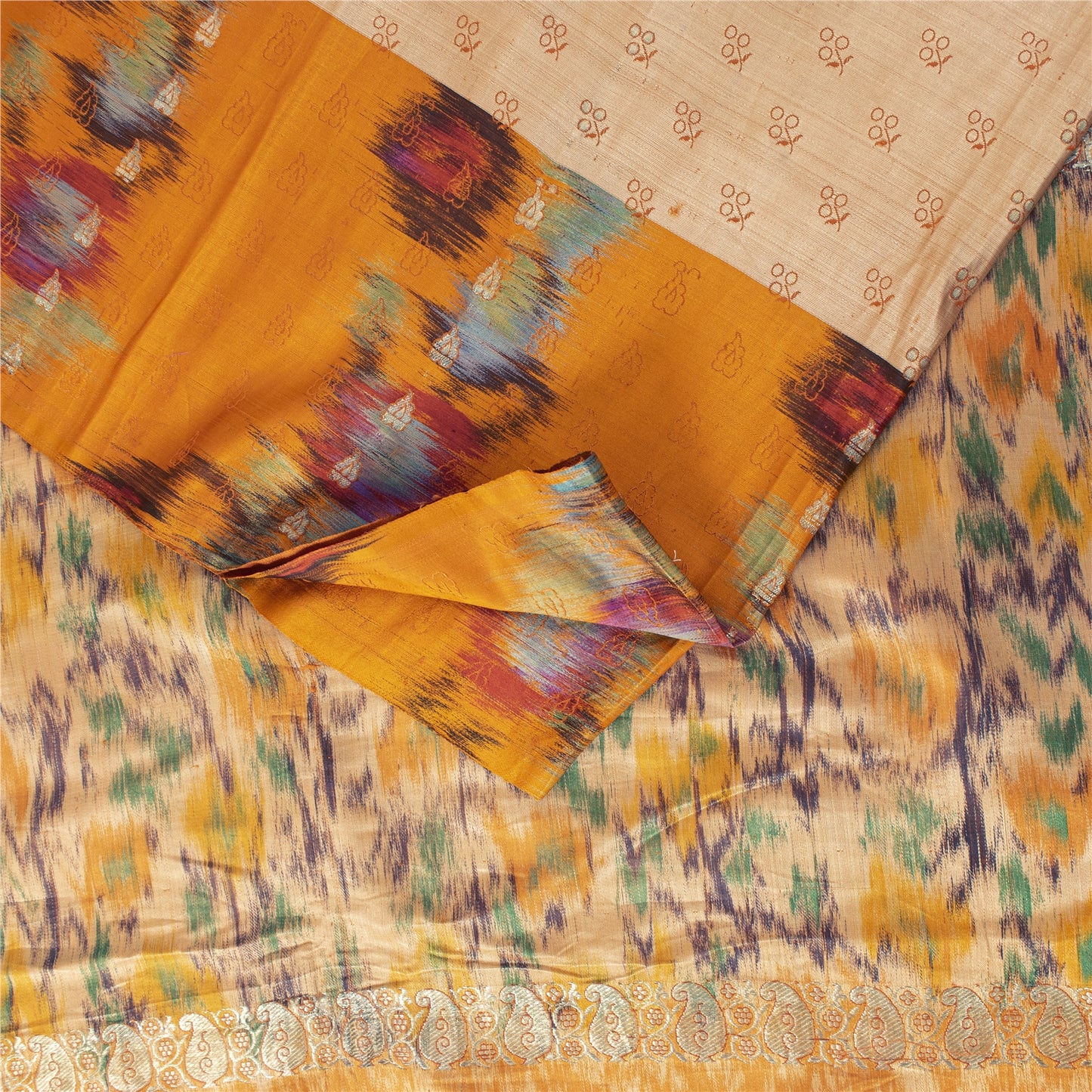 Sanskriti Vintage Sarees Ivory Brocade Zari & Ikat Woven Pure Silk Sari Fabric