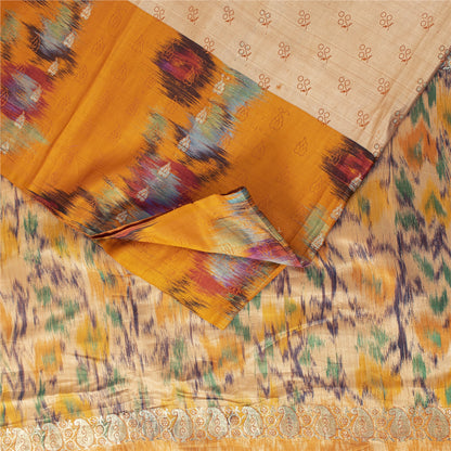 Sanskriti Vintage Sarees Ivory Brocade Zari & Ikat Woven Pure Silk Sari Fabric