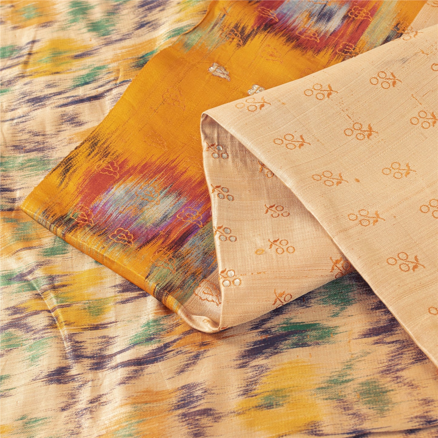 Sanskriti Vintage Sarees Ivory Brocade Zari & Ikat Woven Pure Silk Sari Fabric